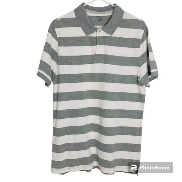Gap Men's Size Large Polo Shirt Collar Short Sleeves Gray & White Striped - Picture 1 of 12
